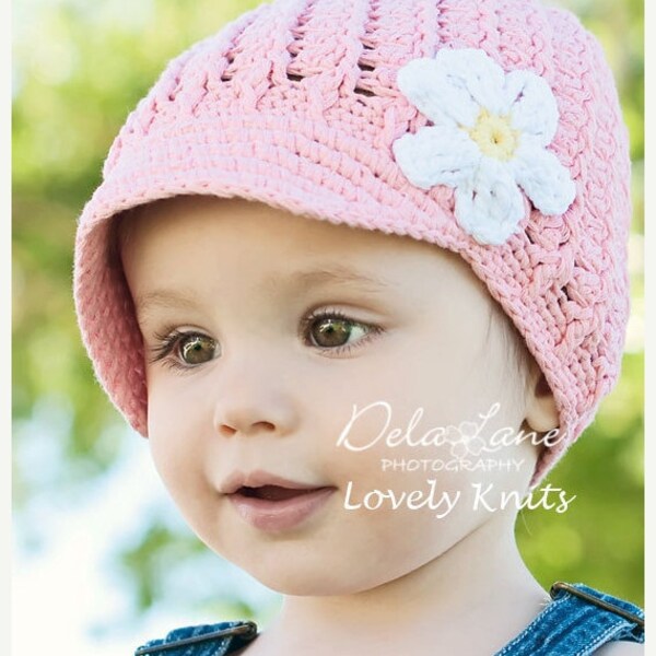 Knit Newsgirl Toddler Hat in Pastel Pink with White Flower - Knit Toddler Hat - Knit Girls Hat