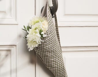 Linen Flower Bag: Reusable Floral Shopping Tote - Green Gingham