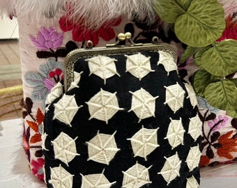 Hand embroidered vintage crossbody bag with spider web art, Oyako Handmade