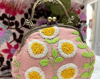 Hand embroidery vintage handbag with chain strap inside; pink color, Oyako Handmade