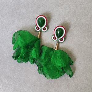 Long Soutache earrings green Jade stone Flower earrings Stud earrings
