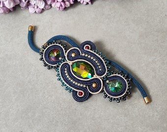 Bracelet soutache bleu foncé, gemme en verre réglable, accessoire de mariage pour la mariée
