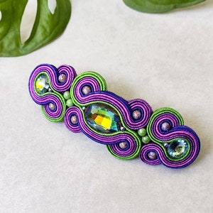 Soutache hair clip Handmade hair clip violet purple green hair pin glass Hair barrette