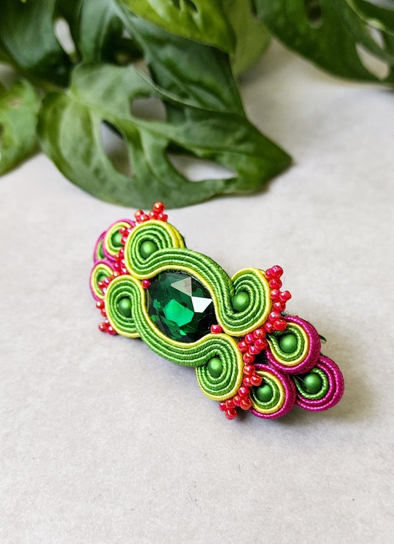 Handmade Soutache Hair Clip: Green Crystal Barrette - Etsy display picture 2