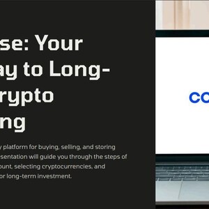 May include: A laptop computer screen displaying the Coinbase logo in blue text on a white background. The text "Coinbase: Your Gateway to Long-Term Crypto Investing" is displayed on a black background to the left of the laptop.