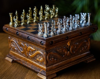 Drewniany zestaw szachowy ze schowkiem, niestandardowe szachownice, drewniane szachy z motywem metalu, spersonalizowane prezenty dla niego