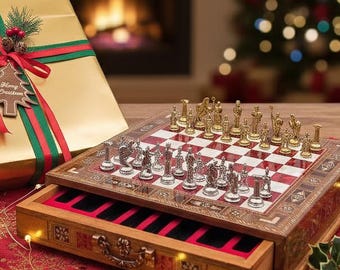 Roman Themed Metal Chess Pieces - Handmade Chess Board with Drawer - Custom Boyfriend Gift