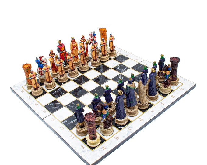 Crusaders Themed Chess Pieces Marble Patterned Chess Board Portable Unique Large Chess Set Best Gifts for Him Birthday Gift