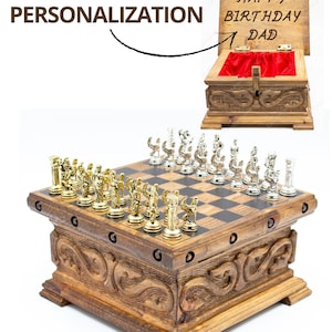 Handmade Premium Personalized Walnut Chess Set, Wooden Chess Set with Storage, Engraved Chess Board, Chess Set With Metal Chess Pieces