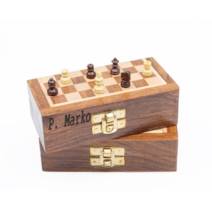 Mini Magnetic Chess Set Solid Wood Chess Board with Storage Handcrafted Wood Chess Pieces Engraved Travel Chess Set Personalized Gifts