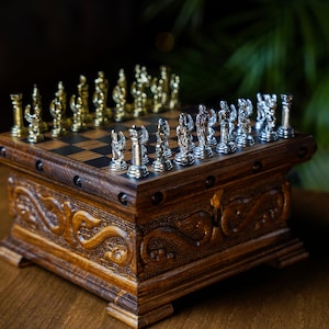 Custom Chess Set Wood Metal Chess Pieces Personalized Gifts for Him Handmade Chess Board with Storage Best Gift Home Decoration