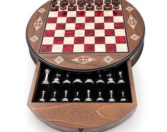 Juego de ajedrez de madera hecho a mano con almacenamiento: idea de regalo de Navidad personalizado, ajedrez personalizado con cajón y piezas de metal.