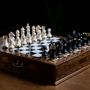 Handmade Chess Set with Board Metal Chess Pieces Wooden Chess Board with Storage Personalized Gifts for Him