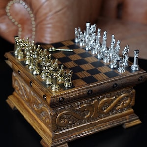Personalized Walnut Chess Set: Handmade Roman Metal Pieces, Hidden Key Storage