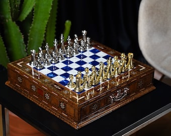 Handmade Chess Set with Metal Chess Pieces & Storage Drawer