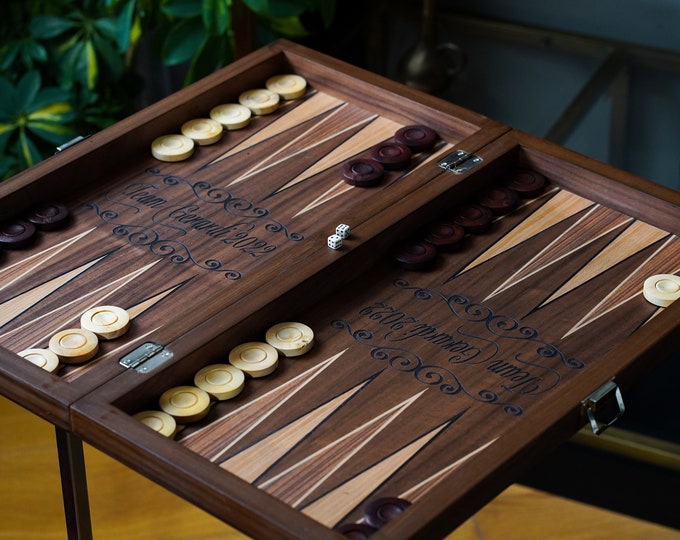 Personalized Walnut Backgammon Set: Handmade Engraved Wood Board Game