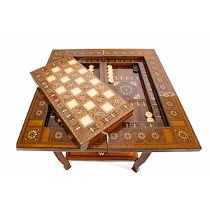 Tavolino da caffè con carte da backgammon per scacchi fatto a mano, regalo premium per la festa del papà, tavolo da gioco con mobili in legno fatto a mano con pezzi