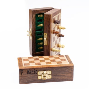 Mini Travel Chess Set Wood with Storage Personalized Gifts for Him Handmade Chess Board with Wooden Chess Pieces Schachbrett Ajedres