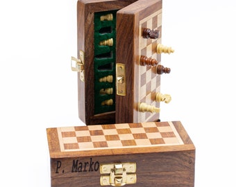 Mini Travel Chess Set Wood with Storage Personalized Gifts for Him Handmade Chess Board with Wooden Chess Pieces Schachbrett Ajedres