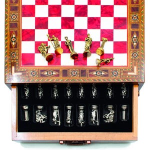 Handmade Chess Set with Storage Roman Metal Chess Pieces Unique Christmas Gift for Husband Black Chess Board with Drawer Personalized Gifts