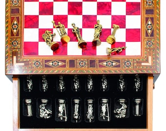 Handmade Chess Set with Storage Roman Metal Chess Pieces Unique Christmas Gift for Husband Black Chess Board with Drawer Personalized Gifts