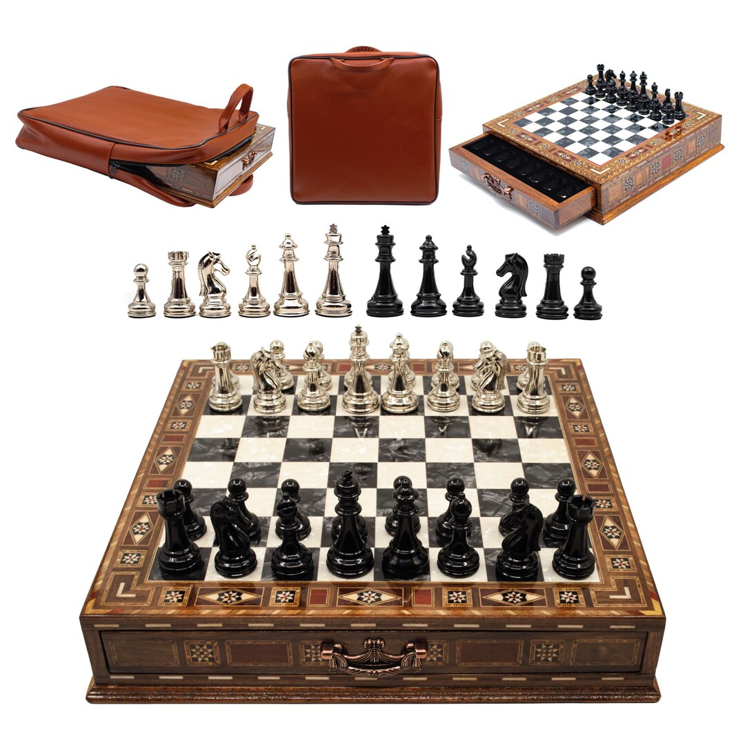 Classic Metal Chess Pieces Wooden Chess Board With Storage Personalized ...