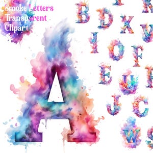 Alfabeto de Humo, Alfabeto de Nubes, Clipart de Letras Fondo Transparente. PNG Acuarela. Ilustraciones A - Z Colores Pastel. Diseño Etéreo.