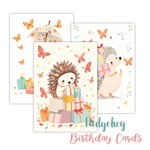 Cartão de Aniversário de Ouriço para Imprimir | Ouriços fofos com presentes | Cartão de Aniversário DIY para Download Instantâneo | A6 - A5 PNG e PDF Digital