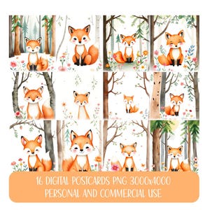 16 belles cartes PNG Cute Fox - Usage personnel et commercial - 3000x4000 - Impression. Arrière-plans. Cartes. T-shirts. Art de la pépinière. Numérique.