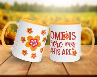 Plant lover mug. Coffee and tea. With message. Pretty and happy. Original design. Daisies. Ceramic mug with color inside.