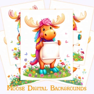 Adorable Moose Digital Art Set - Kawaii Animal Backgrounds for Nursery Decor, Kids Room Prints & Sublimation PNG Bundle Cute Animal Gifts