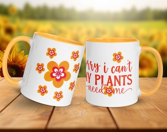 Plant lover mug. Coffee and tea. With message. Pretty and happy. Original design. Daisies. Ceramic mug with color inside.