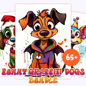 Pacote Digital de Cachorros Engraçados com Graffiti - Mais de 65 PNGs para Celebrações, Artesanato e Convites para Festas. Download instantâneo para uso pessoal e comercial.