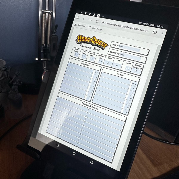 Hoja de personaje de HeroQuest editable digitalmente en PDF para teléfonos inteligentes/portátiles