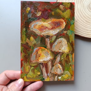 Pintura pequena a óleo original de cogumelos, miniatura, presente fofo para ela, mãe, avó, amiga, menina e linda ideia de decoração de casa.