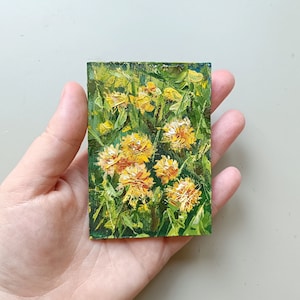 Pintura al óleo original de dientes de león de ACEO, flores silvestres en el prado, pintura pequeña, regalo especial para ella, él, mamá, novia, 2,5 x 3,5 pulgadas.