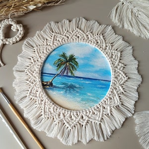 Maldivas Seaside Tropical vista pintura a óleo original em moldura de mandala macramê, decoração estilo boho em caixa de presente exclusiva para ela, mãe, namorada.
