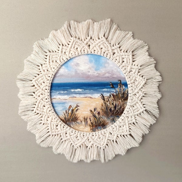 Seascape round original oil painting in macrame mandala wall hanging frame, boho style decor in a unique gift box for her, mom, girlfriend.