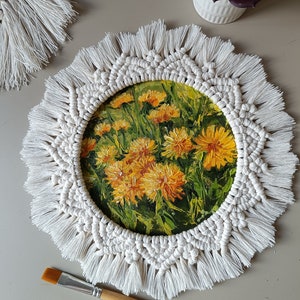 Pintura a óleo original de flores de dente de leão em moldura de mandala de macramê, decoração estilo boho, caixa de presente para ela, mãe, namorada, pintura redonda