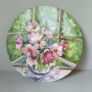Kosmosbloemen in vaas, origineel olieverfschilderij, stilleven - roze bloemen in vaas voor het raam, unieke geschenkdoos voor haar, moeder, vriendin.