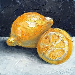 Pintura al óleo original de bodegones, frutas en miniatura - limón, 5x5 pulgadas (12,7x12,7 cm), decoración de cocina, sin marco