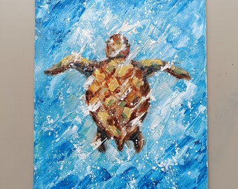 Sea Turtle original oil painting, marine wall art, tortoise nautical gift for her, him, mom, daughter, girlfriend, 6x8 inch, not framed