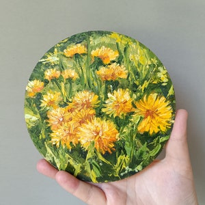 Flores de dente-de-leão, pintura a óleo original, pintura redonda.