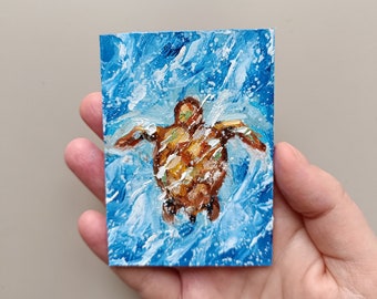 Peinture à l'huile originale tortue de mer ACEO, art mural marin, cadeau nautique pour elle, lui, maman, petite amie, 2,5 x 3,5 pouces, petite peinture non encadrée