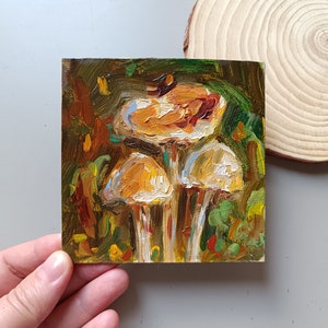 Cogumelos, pintura original em óleo pequena, miniatura em formato quadrado, presente fofo para ela, mãe, avó, amiga, namorada e uma linda ideia de decoração para casa.