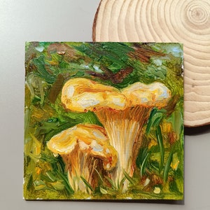 Pintura a óleo original de cogumelos, miniatura em formato quadrado.