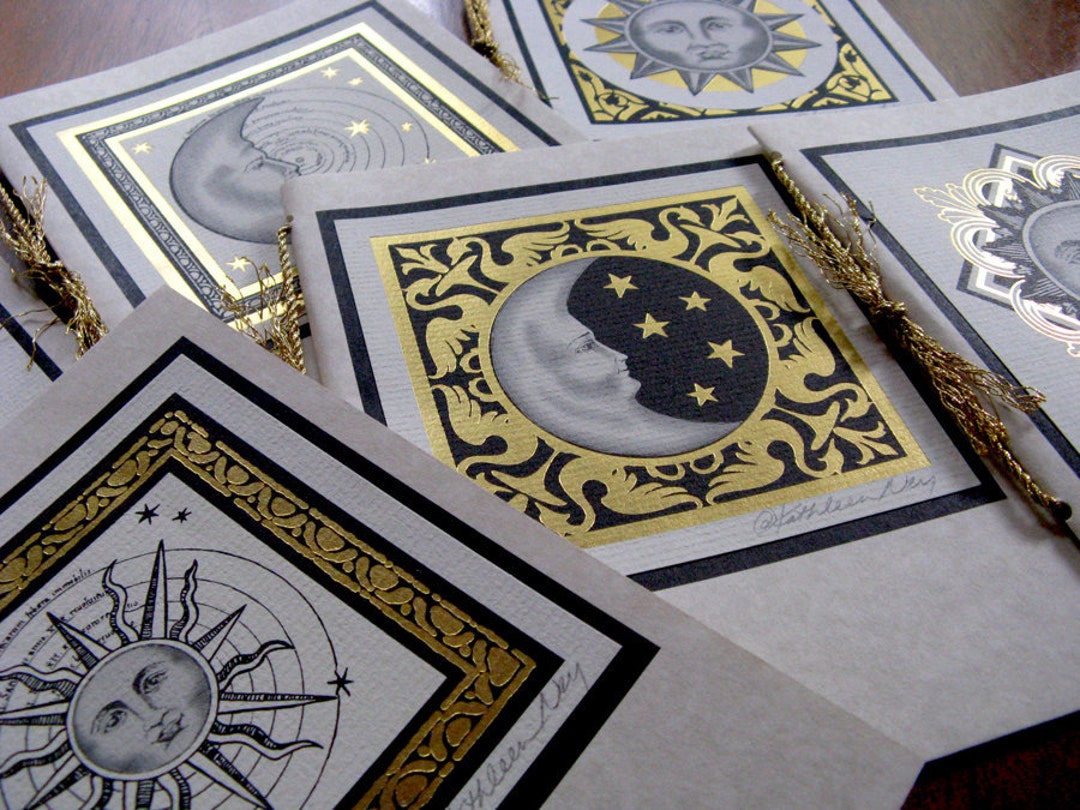Vintage Celestial Art Cards With Gold Foil: Sun, Moon, Constellations ...