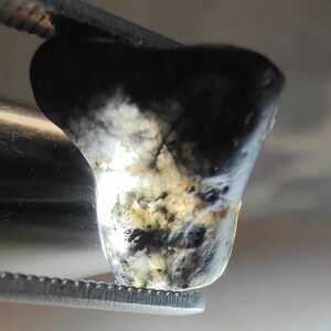 May include: A polished, irregular gemstone featuring a high-contrast color palette of deep black and translucent white with cloudy, amber-toned inclusions. The stone is held by a metal tool, displaying a smooth, rounded surface and organic shape.