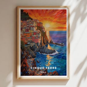 Cinque Terre Travel Poster, Italy Coastal Wall Art, Colorful Sunset Print, Mediterranean Seaside Decor, Vintage Landscape Artwork