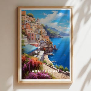 Amalfi Coast Poster – Vibrant Italy Travel Art Print | Colorful Mediterranean Wall Decor | Positano Landscape Illustration